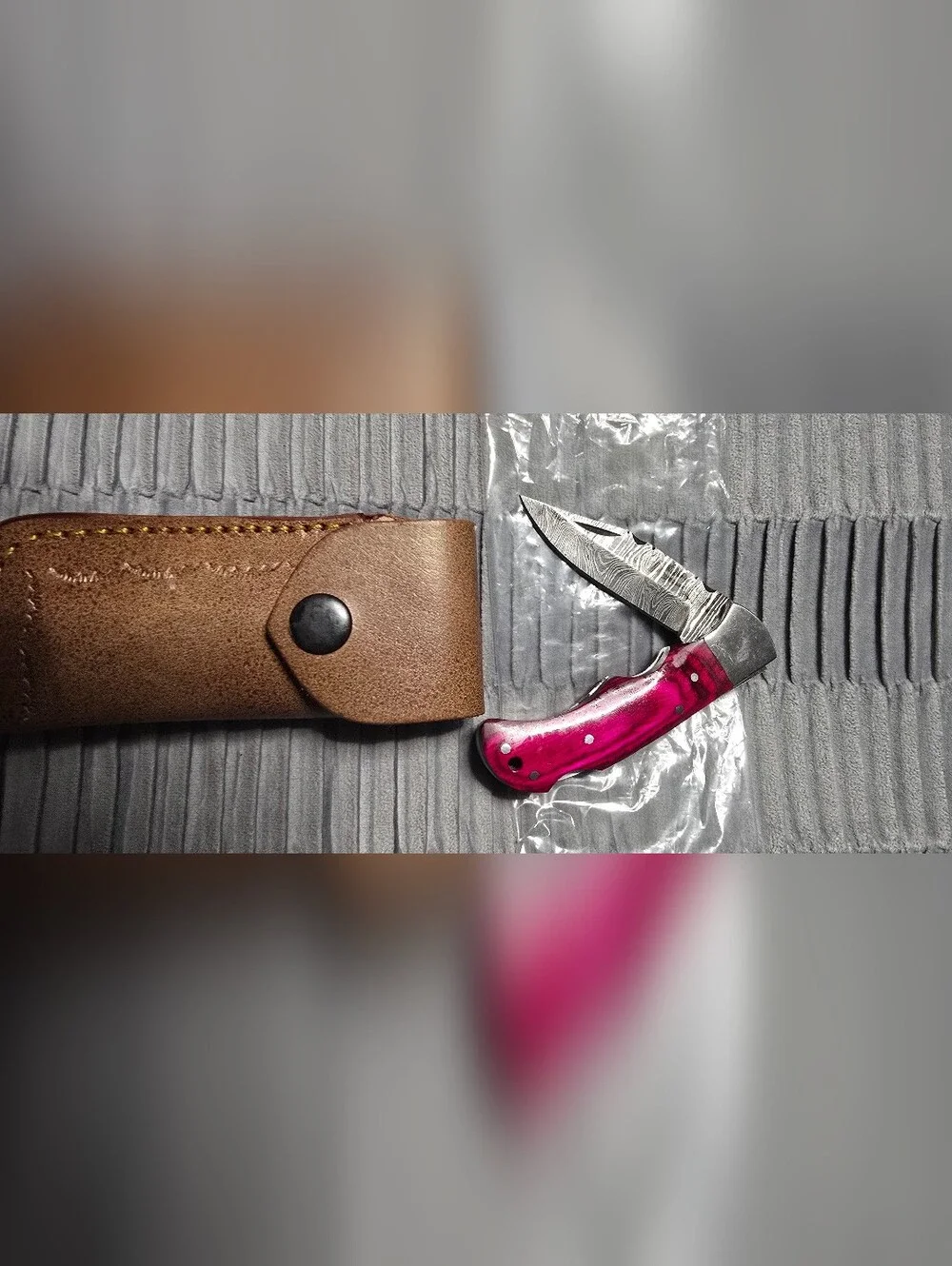 Damascus Folding Pocket Knife with Leather Sheath